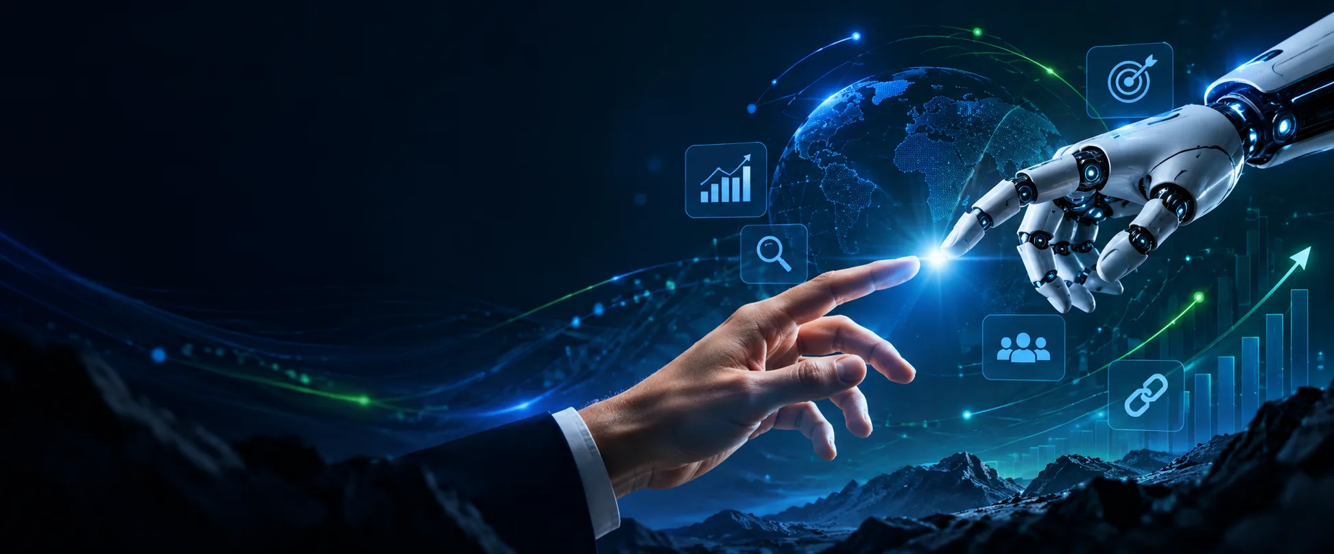 Human and AI collaboration visual representing SEO, analytics and digital growth
