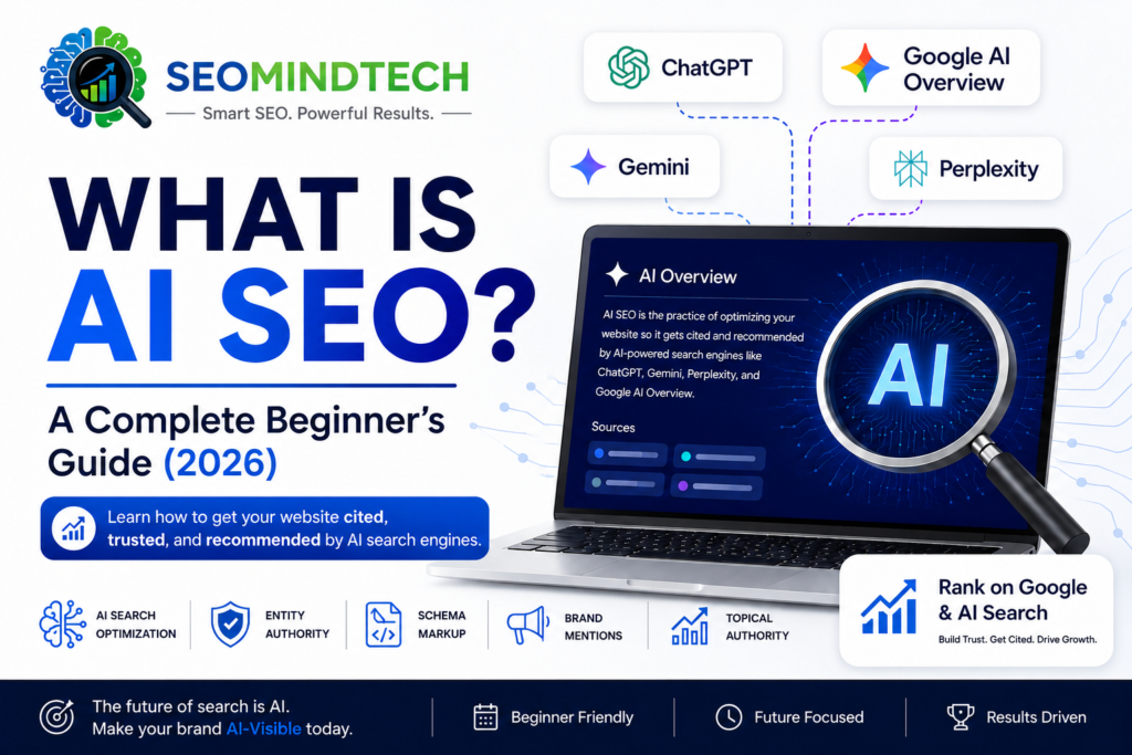 SEOMINDTECH AI SEO guide cover featuring a laptop with AI graphics, logos of ChatGPT, Gemini, Perplexity, and Google AI Overview, and bold text reading ‘What is AI SEO? A Complete Beginner’s Guide (2026).