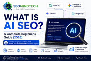 SEOMINDTECH AI SEO guide cover featuring a laptop with AI graphics, logos of ChatGPT, Gemini, Perplexity, and Google AI Overview, and bold text reading ‘What is AI SEO? A Complete Beginner’s Guide (2026).