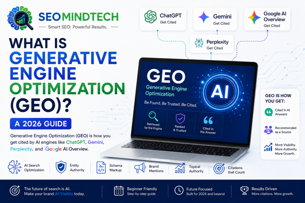 What Is Generative Engine Optimization (GEO)? A 2026 guide showing how to get cited by ChatGPT, Gemini, Perplexity, and Google AI Overview through AI search optimization, schema markup, and entity authority.